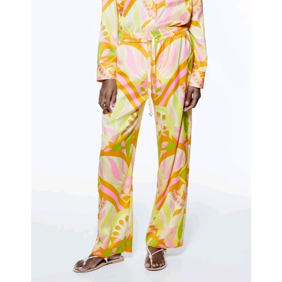 Zara Floral Muticolored Drawstring Flowy Pants - Picture 1 of 8